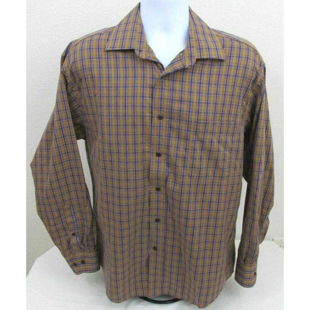 ENRO Non-Iron Plaid Tan with Purple Size Large 100% Cotton business casual